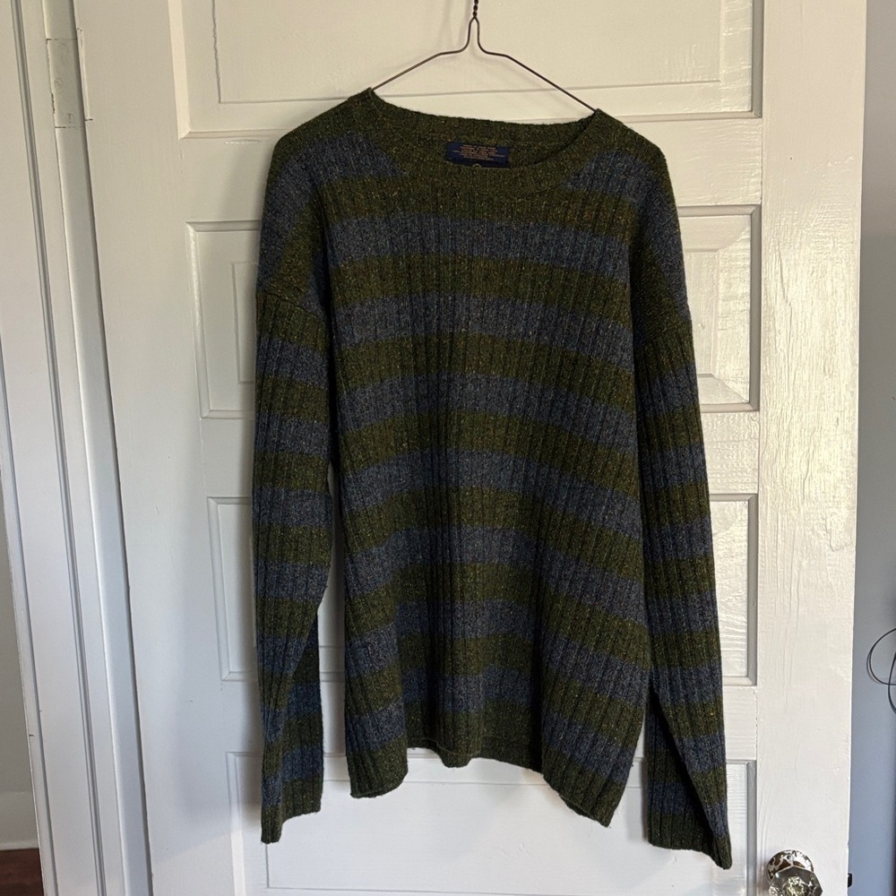 Vintage 1990s Tommy Hilfiger Olive and Light Blue Striped Lambs Wool Sweater